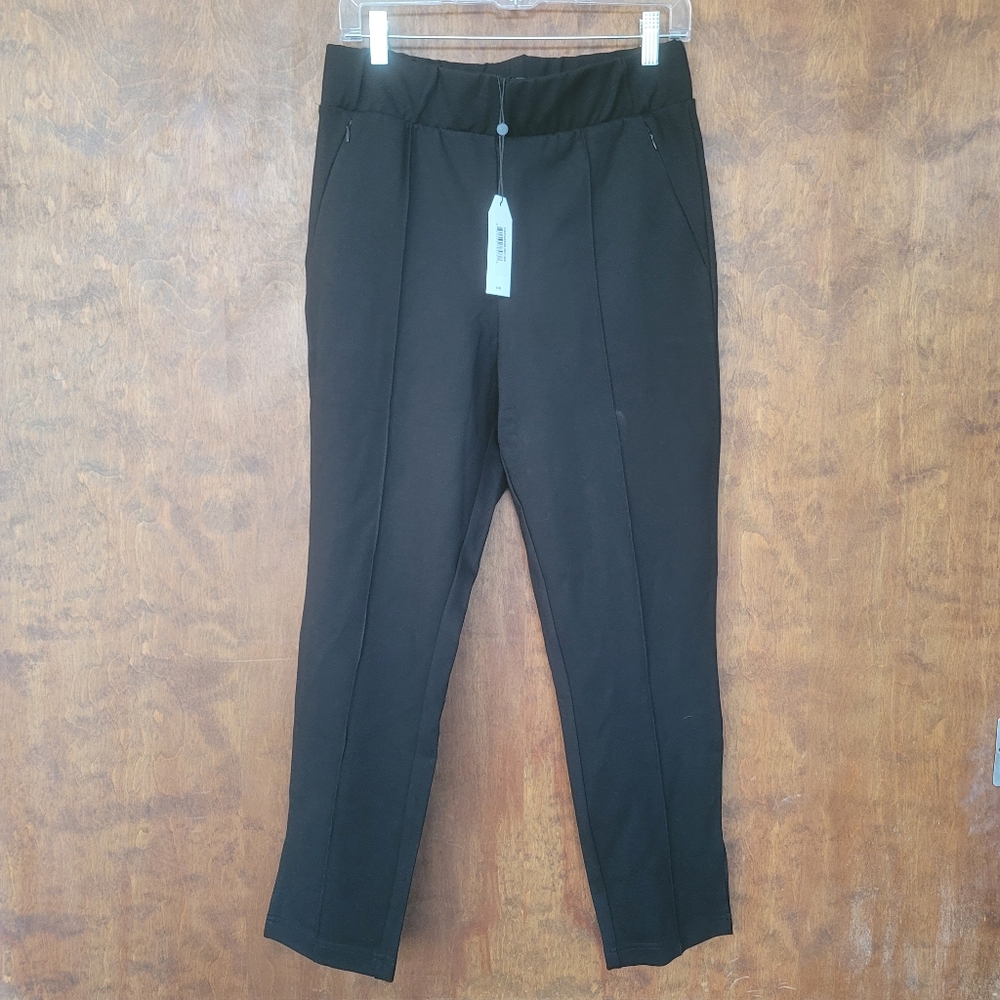 Universal Standard ponte slim fit split hem pull on stretch zip pockets